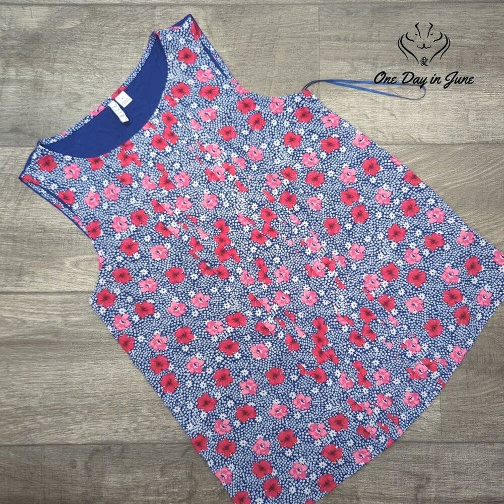 Elle Floral Pleated Tank Top Navy Pink Sleeveless Blouse Size S
